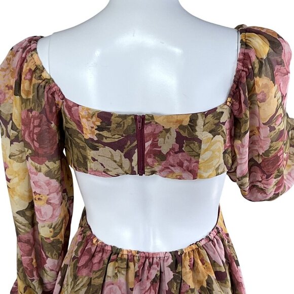 Showpo Women 6 Floral Mini Chiffon Cutout Dress Long Puff Sleeve Sweetheart Neck - Picture 5 of 16